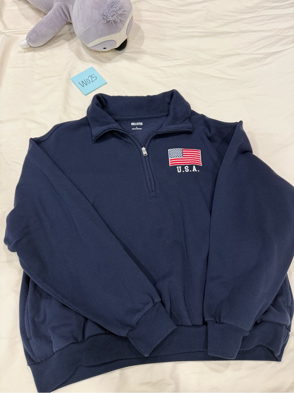 Hollister Navy Quarter-Zip Sweater with USA Flag Patch